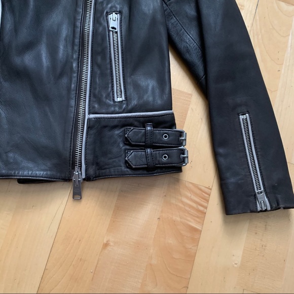 All Saints Bixer Lamb Leather Piped Biker Jacket - Picture 4 of 9